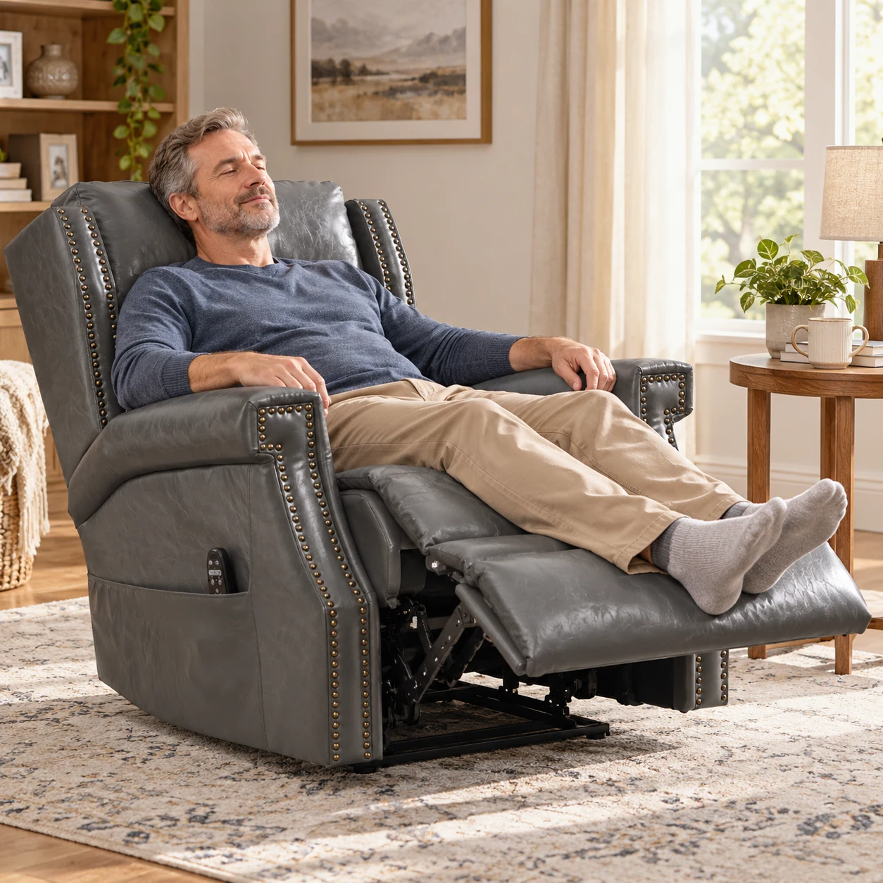 RHHVVR Classic Manual Recliner with Heat & Massage in gray — people reclined