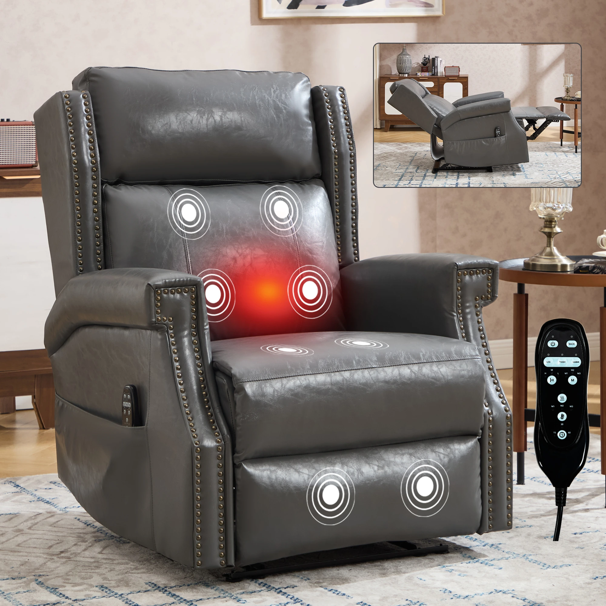RHHVVR Classic Manual Recliner with Heat & Massage in gray — original product detail 1