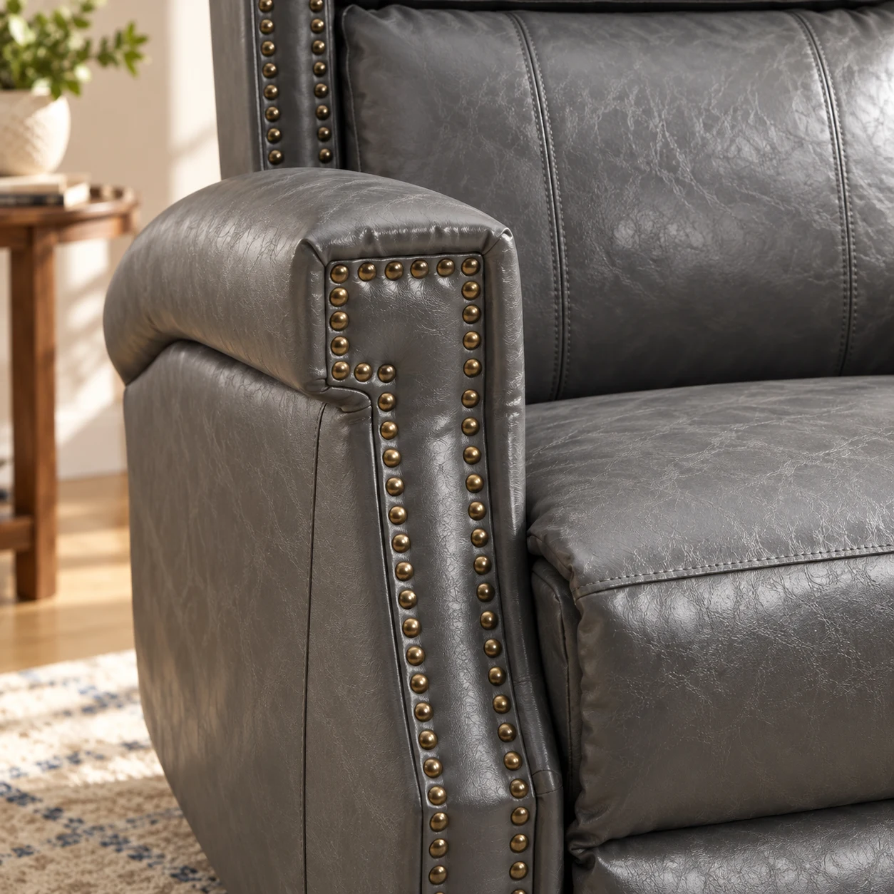 RHHVVR W1803S00088 gray faux leather, curved arm and nailhead trim detail