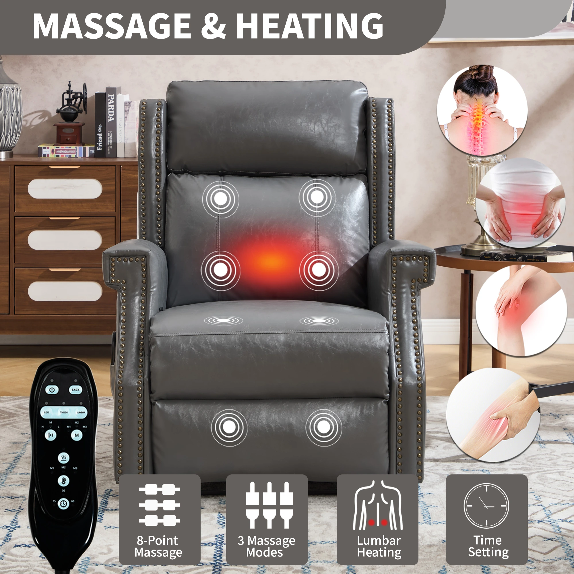 RHHVVR Classic Manual Recliner with Heat & Massage in gray — original product detail 5