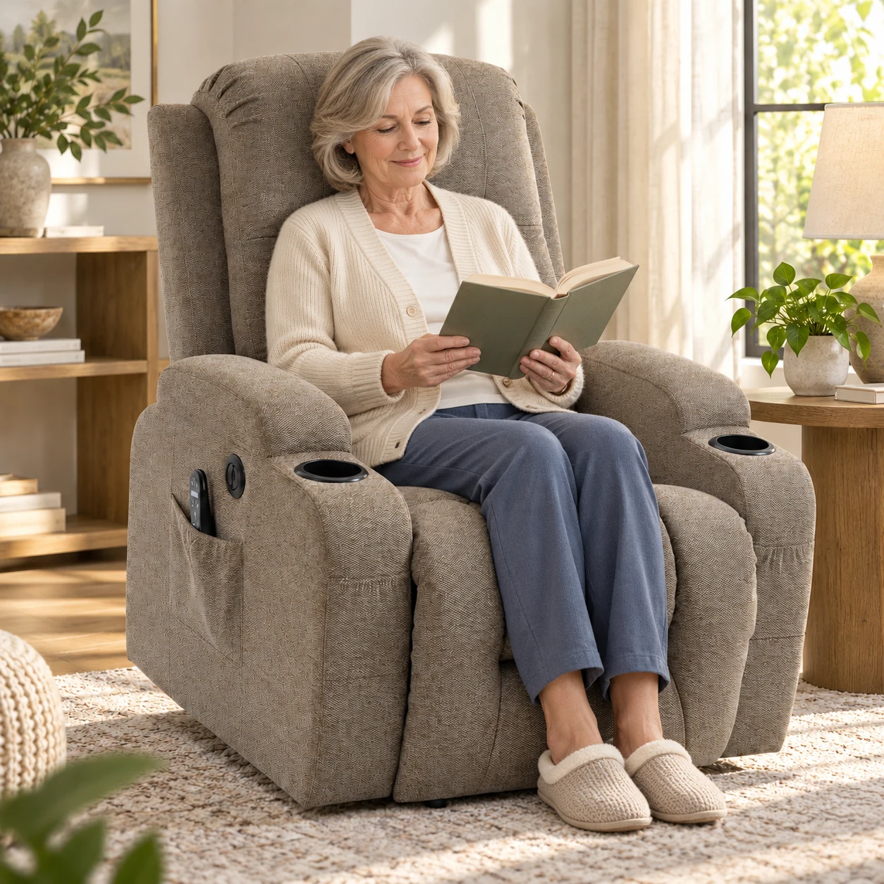 RHHVVR High-Back Power Lift Recliner with Cup Holders in brown — people seated