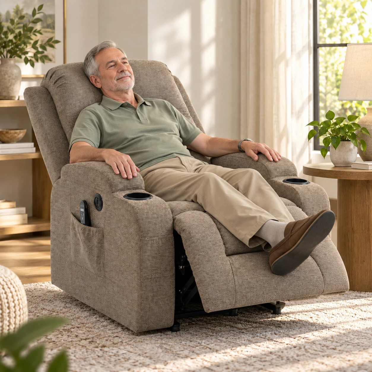 RHHVVR High-Back Power Lift Recliner with Cup Holders in brown — people reclined