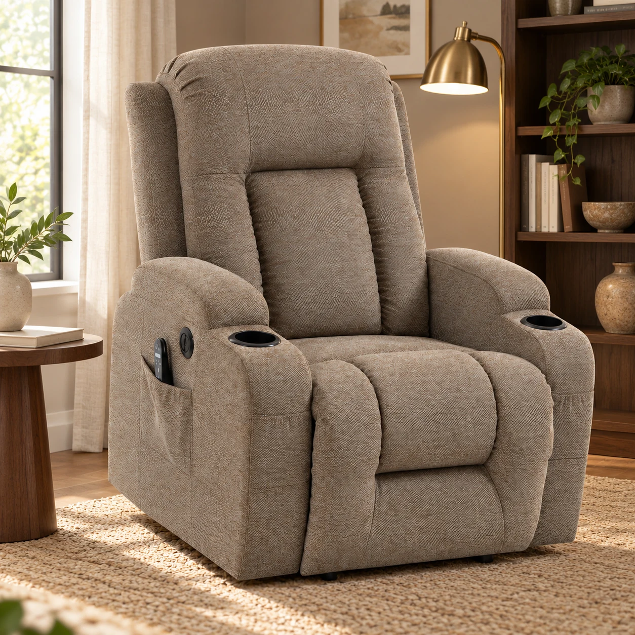RHHVVR High-Back Power Lift Recliner with Cup Holders in brown — environment reading