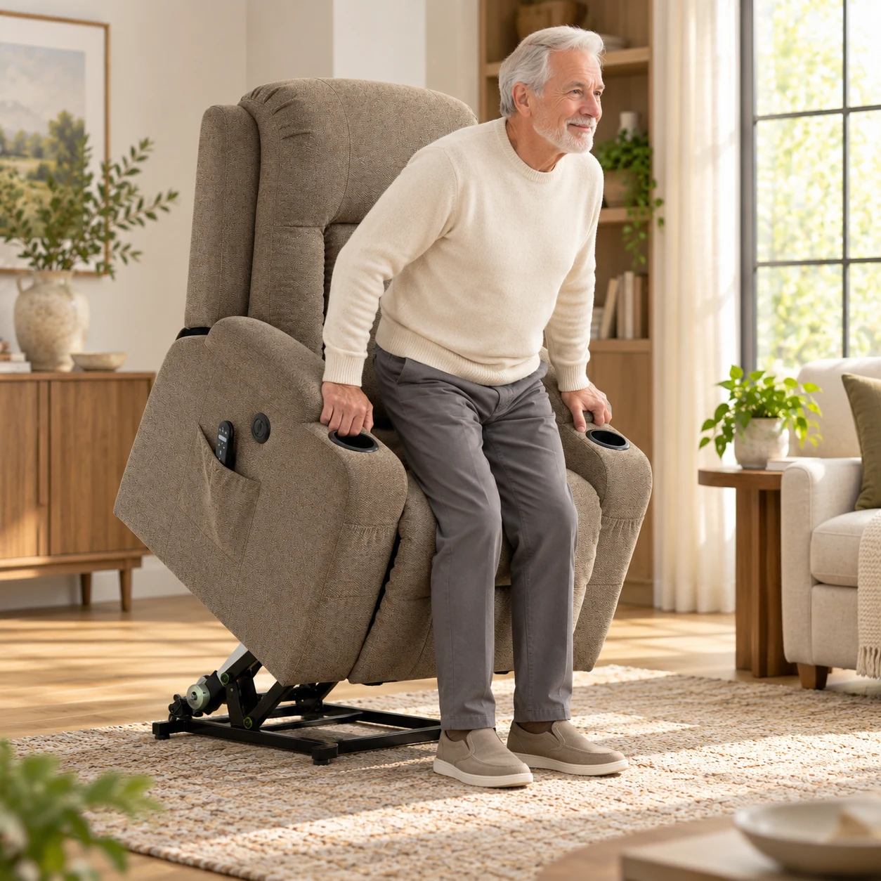 RHHVVR High-Back Power Lift Recliner with Cup Holders in brown — people lift assist