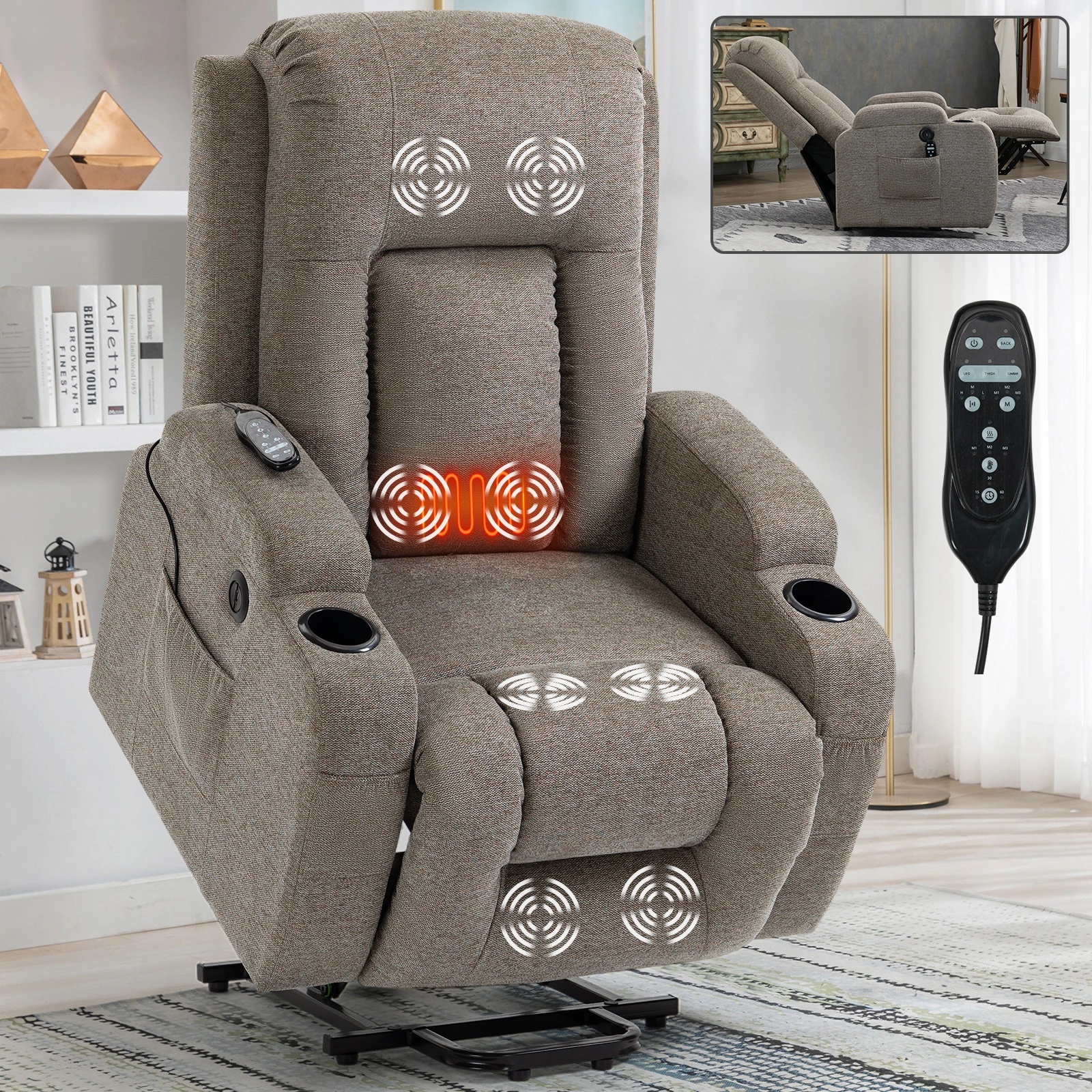 RHHVVR High-Back Power Lift Recliner with Cup Holders in brown — original product detail 1