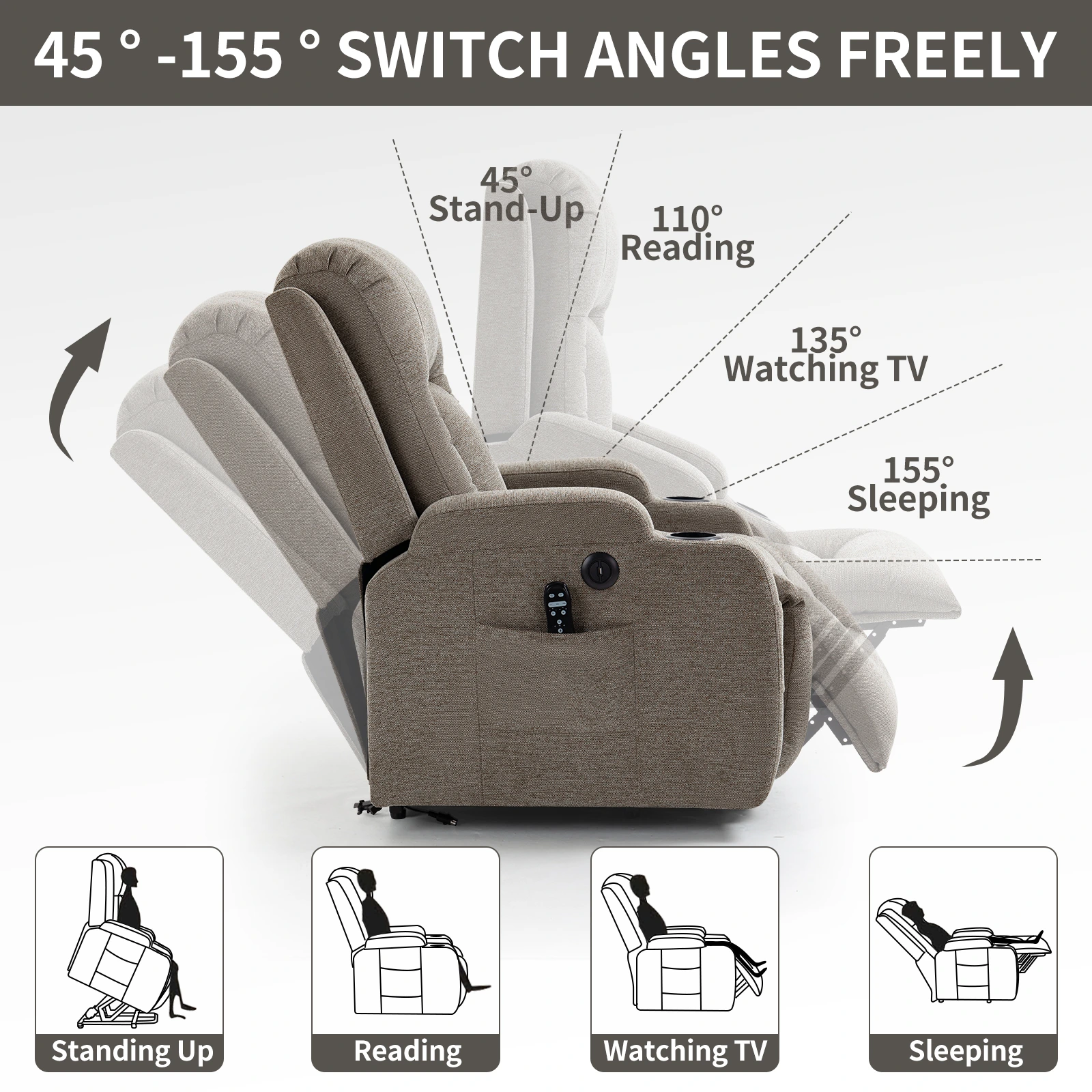 RHHVVR High-Back Power Lift Recliner with Cup Holders in brown — original product detail 4