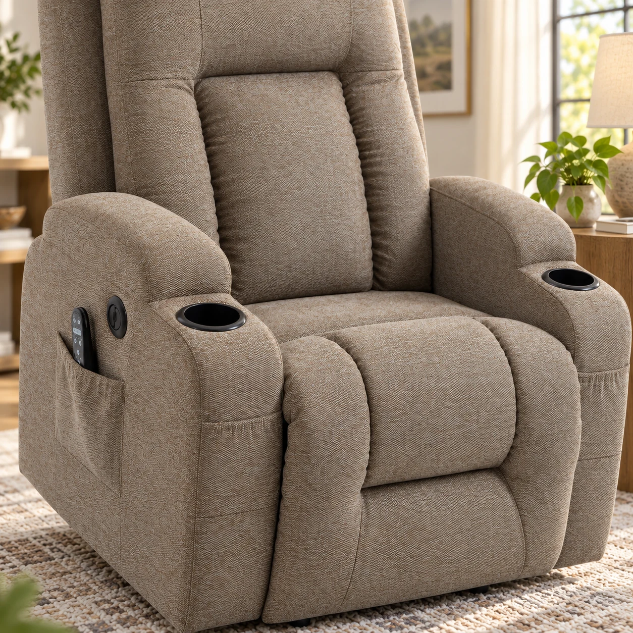 RHHVVR High-Back Power Lift Recliner with Cup Holders in brown — upholstery detail