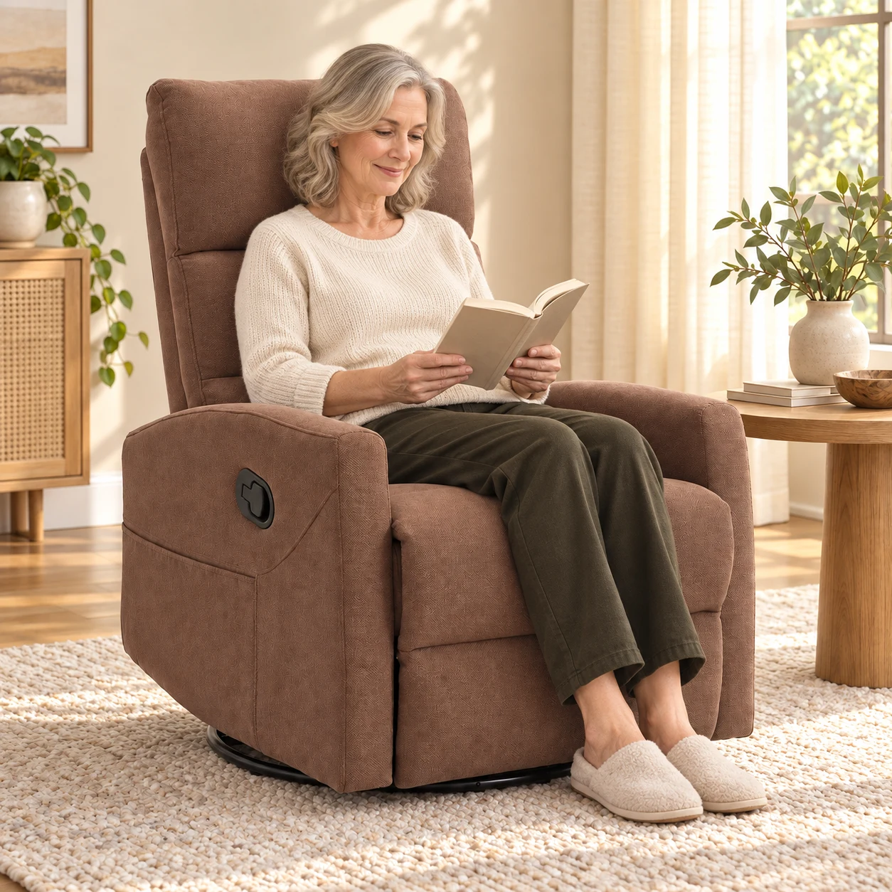 RHHVVR Swivel Rocker Manual Recliner in brown — people seated