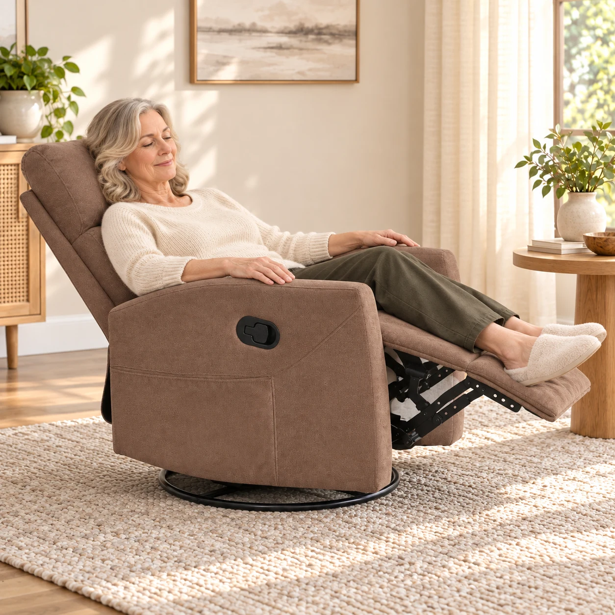 RHHVVR Swivel Rocker Manual Recliner in brown — people reclined