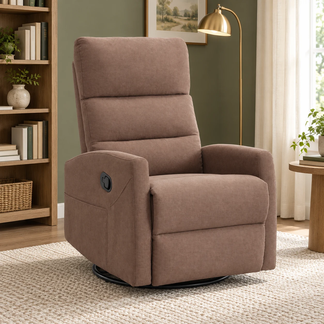 RHHVVR Swivel Rocker Manual Recliner in brown — environment reading
