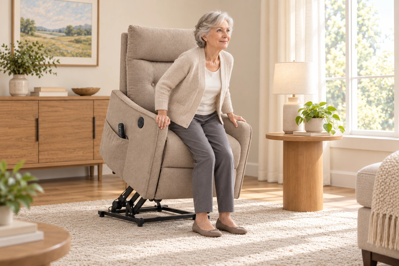 RHHVVR W1803P536616 Khaki — powered standing assistance with closed footrest and feet on floor