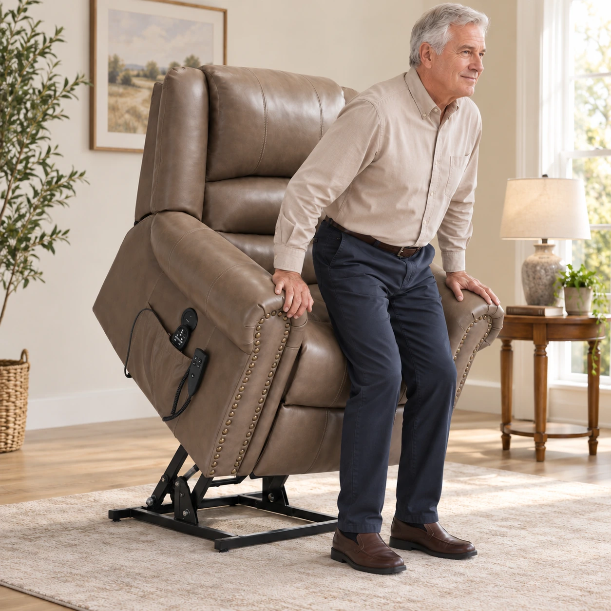 RHHVVR W1803S00075 Brown — powered standing assistance with closed footrest and feet on floor