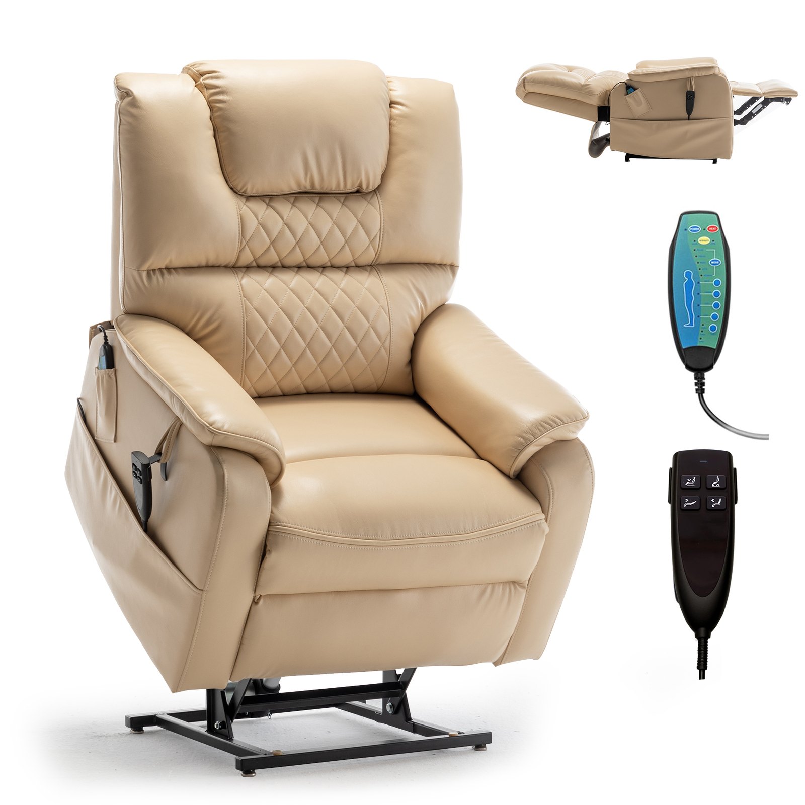 RHHVVR Oversized Power Lift Recliner Chair for Big and Tall 400 Lbs, 25" Large Electirc Recliner Chair with Vibration and Heating, Zero Gravity Lay Flat Recliner Sofa for Elderly, Leather Beige