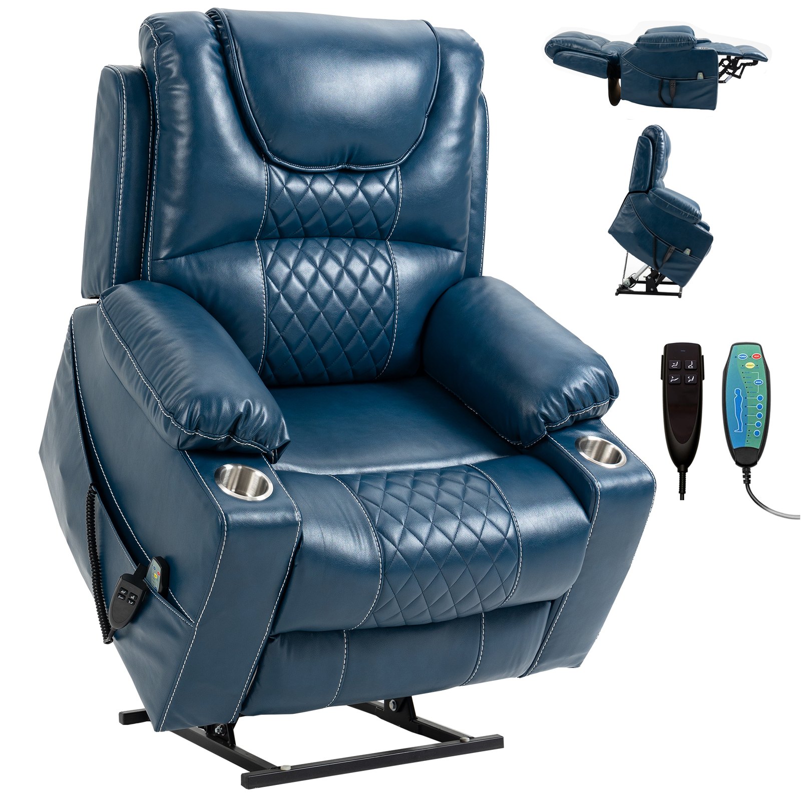 RHHVVR Oversized Power Lift Recliner Chair for Big and Tall Elderly, 25" Extra Wide Electric Recliner Chair Living Room Sofa with Massage Heating, Dual Motor Leather Home Theater Seat, Blue