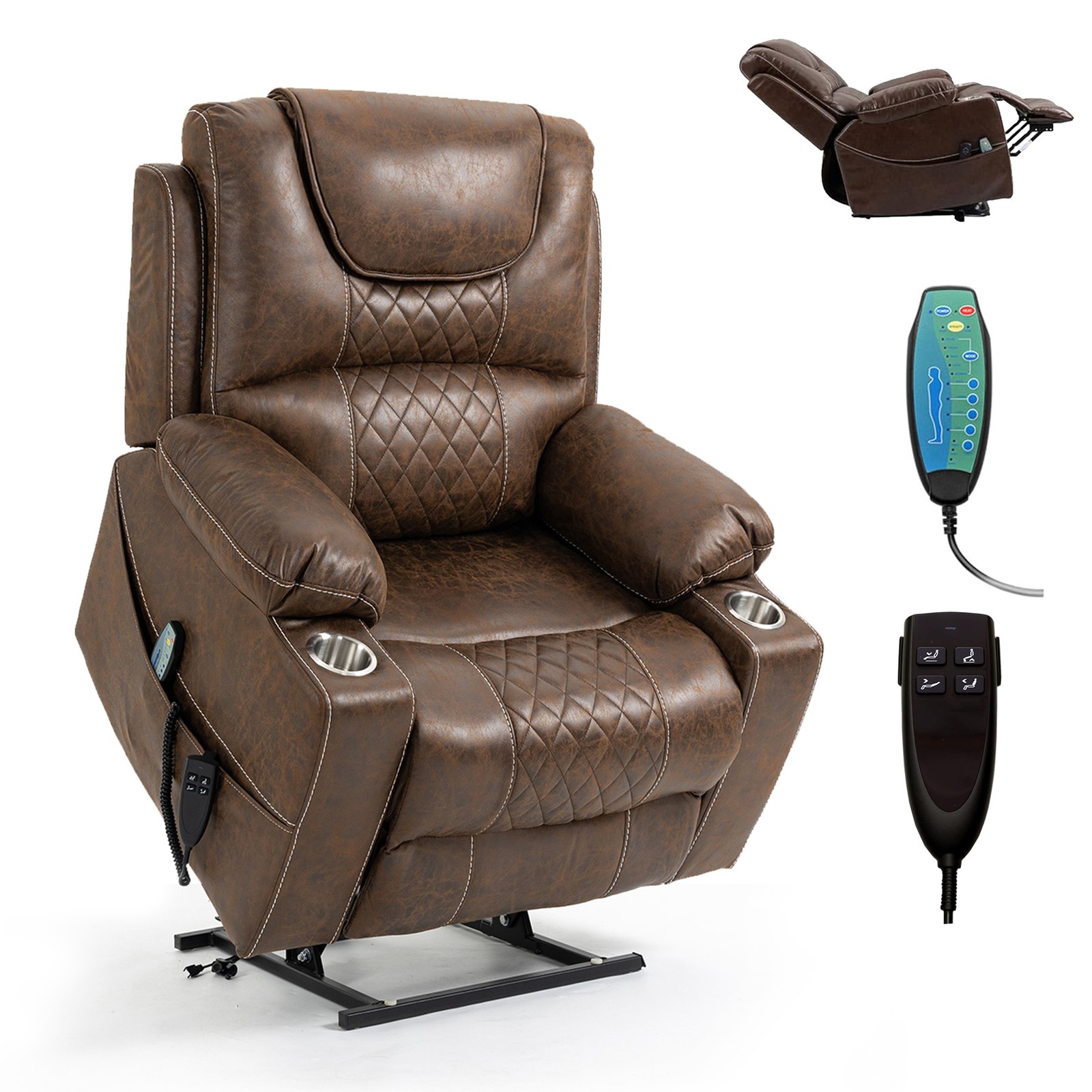 RHHVVR Oversized Power Lift Recliner Chair for Big and Tall 400 LBS, 25" Large Electric Recliner Chair with Massage and Heating, 180° Lay Flat Zero Gravity Recliner Sofa, Leather, Coffee Brown