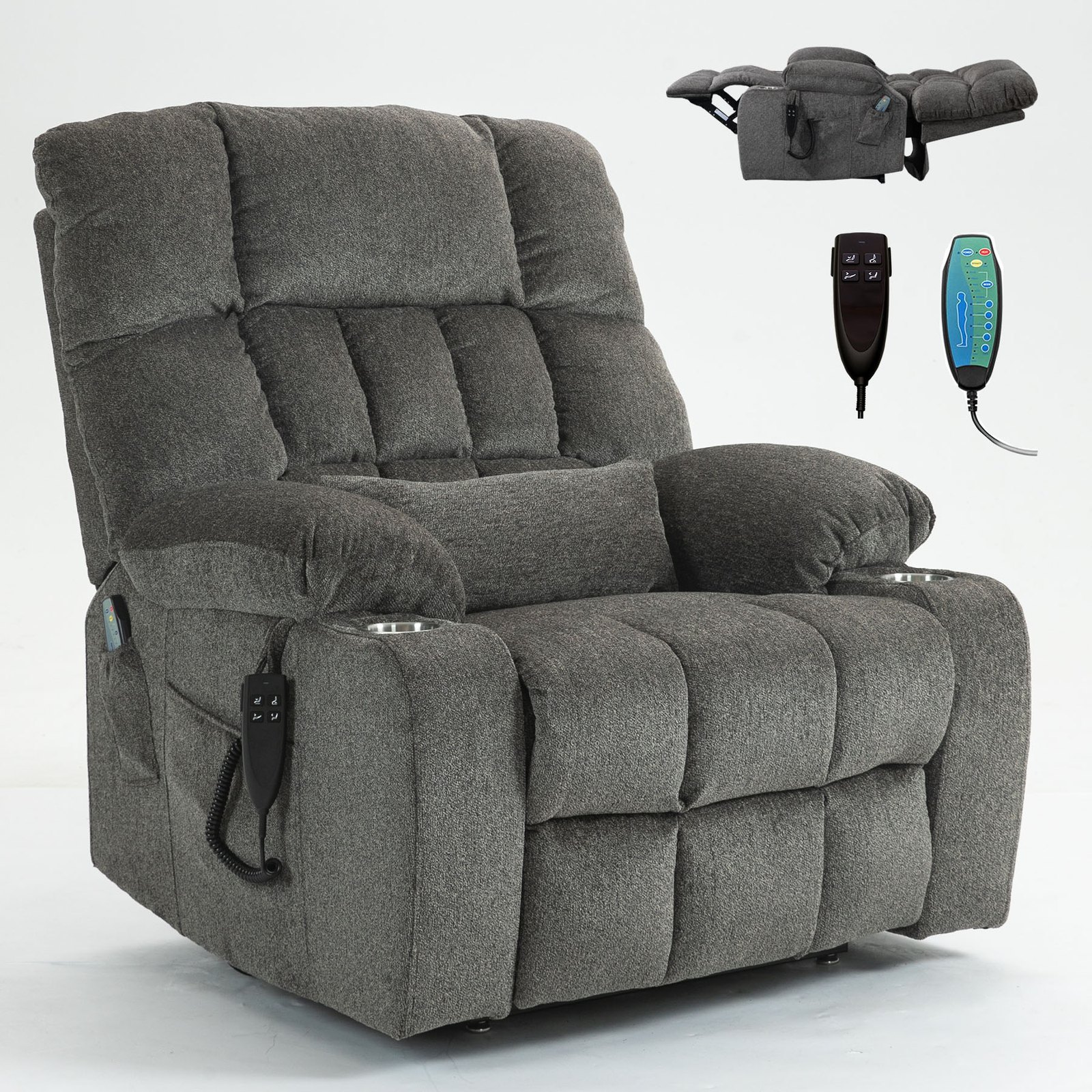 Oversized Power Recliner Chair for Big and Tall 400 LBS, 25.5" Extra Wide Electric Lift Chair with Heat and Massage, Dual Motor 180° Lay Flat Recliner Living Room Sofa, Chenille Big Lift Chair