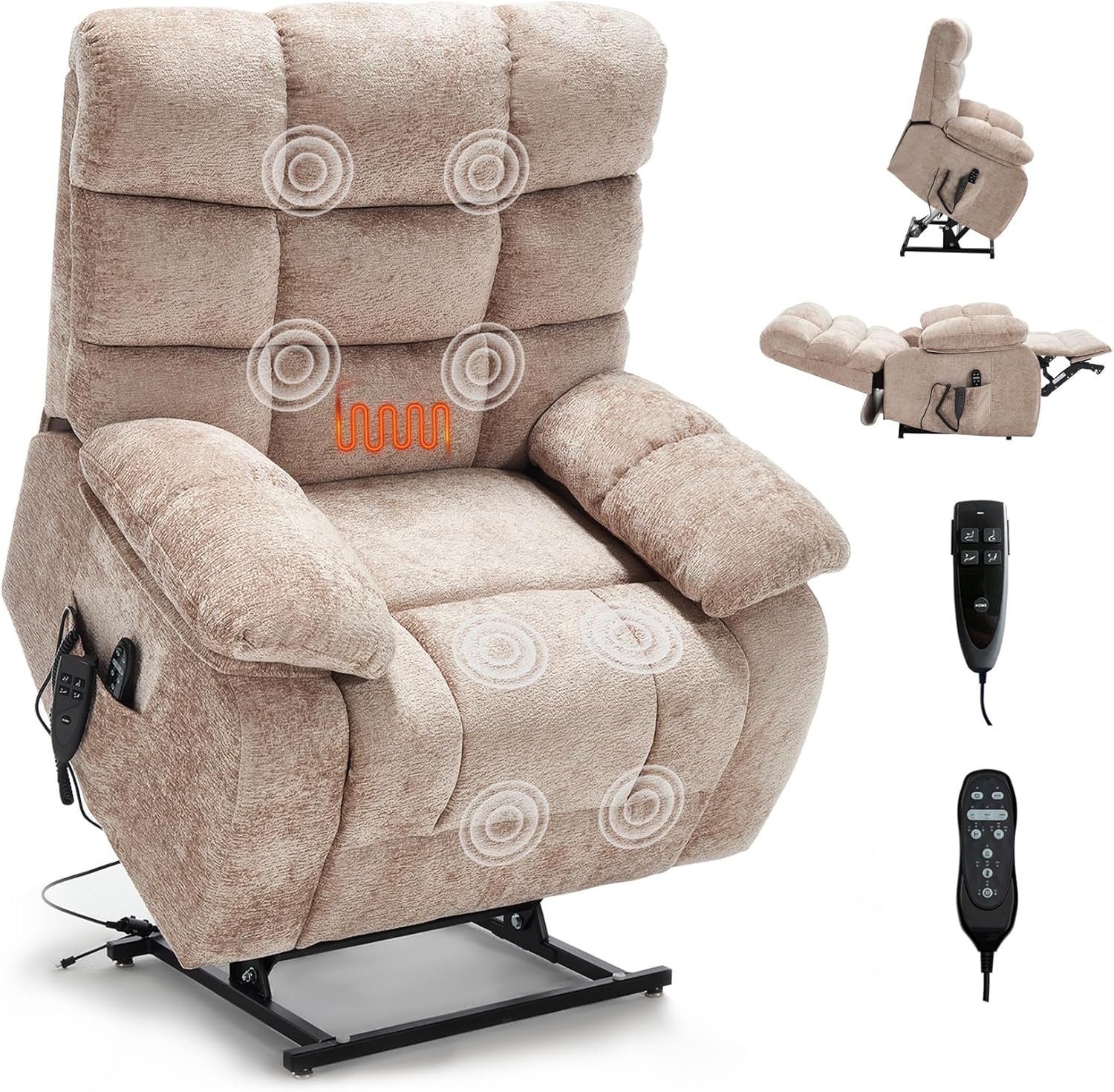 RHHVVR Oversized Chenille Power Lift Recliner Chair, Dual Motor Lay Flat with Massage & Heat, Beige