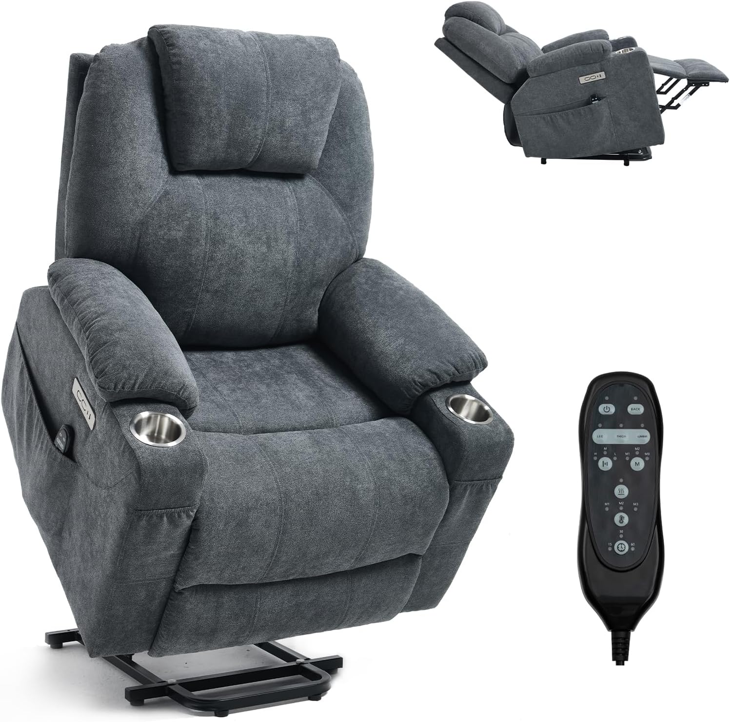 RHHVVR Extra Wide Zero-Gravity Style Power Lift Recliner Chair with Massage, Heat and Cup Holders, Grey