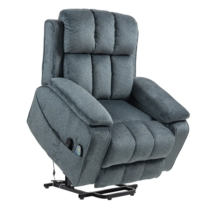 RHHVVR Oversized Lay Flat Recliner for Adults, Large Power Lift Recliner Chair with Extended Footrest, Electric Massage Living Room Sofa Chair, Side Storage Box Cup Holder, Blue Grey